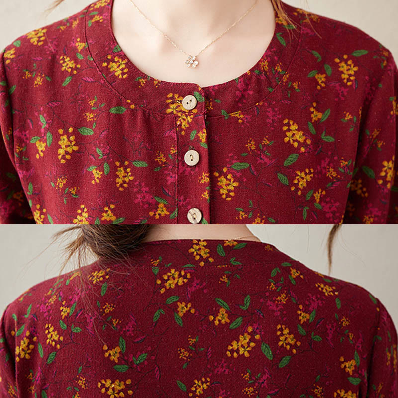 Botanical Cotton Linen Cinched Waist Meditation Midi Dress