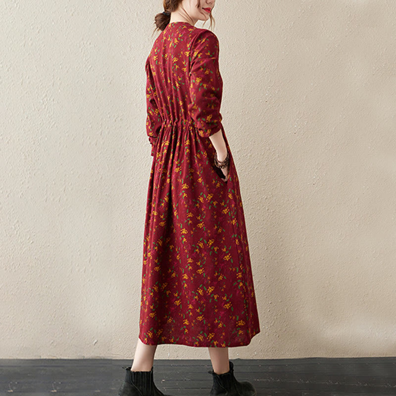 Botanical Cotton Linen Cinched Waist Meditation Midi Dress