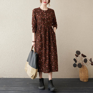 Botanical Cotton Linen Cinched Waist Meditation Midi Dress