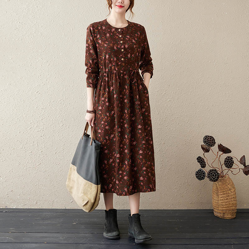 Botanical Cotton Linen Cinched Waist Meditation Midi Dress