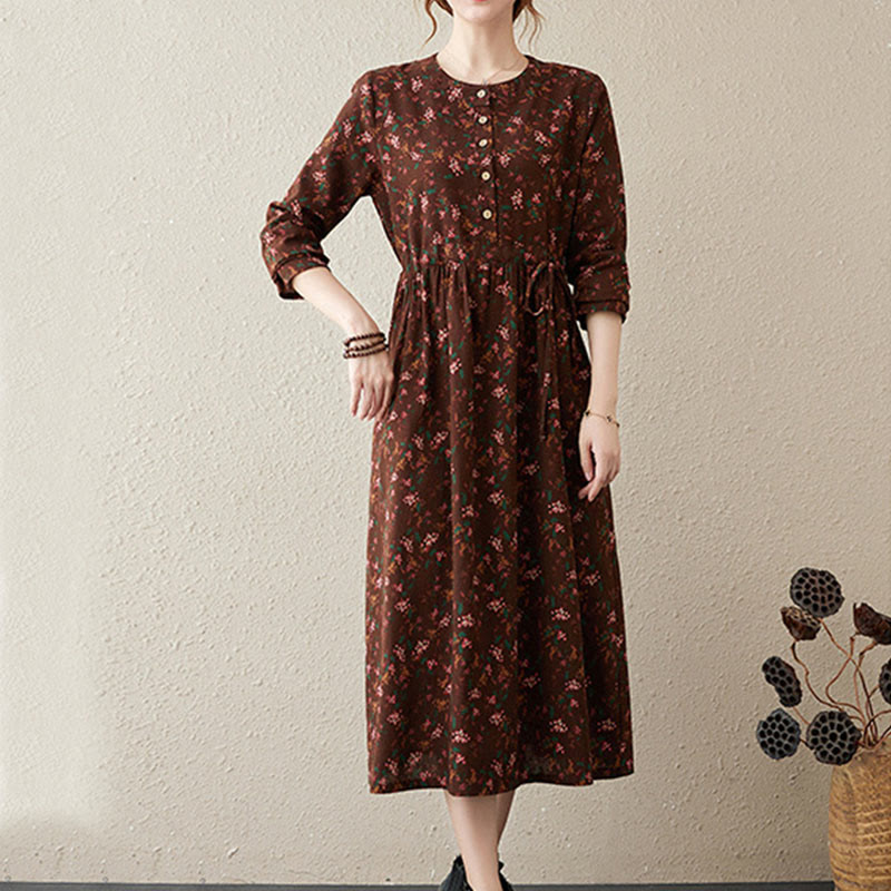Botanical Cotton Linen Cinched Waist Meditation Midi Dress