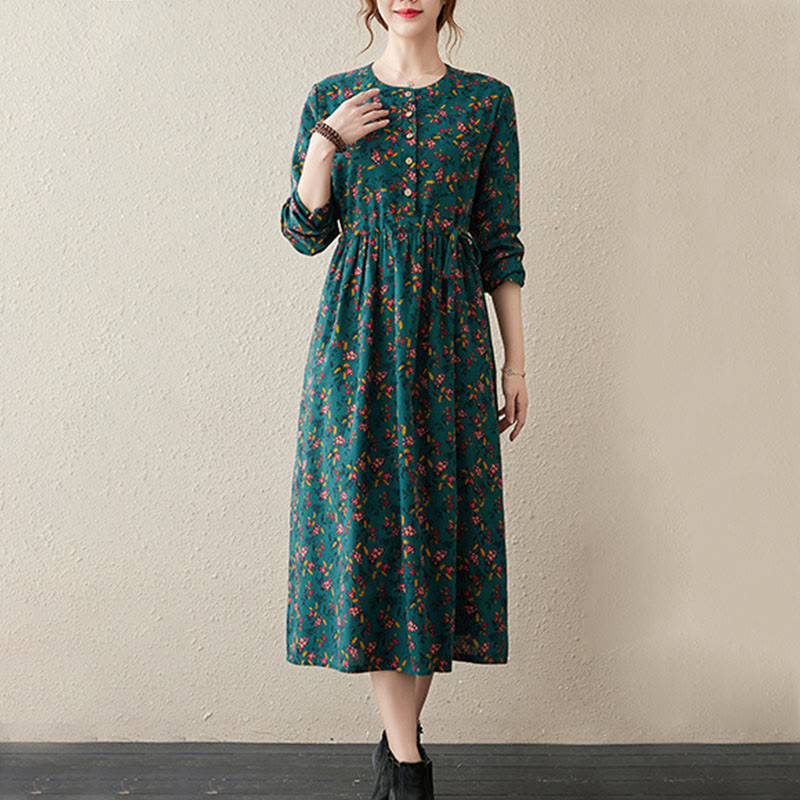 Botanical Cotton Linen Cinched Waist Meditation Midi Dress