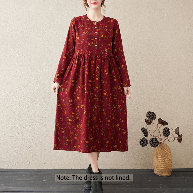 Botanical Cotton Linen Cinched Waist Meditation Midi Dress