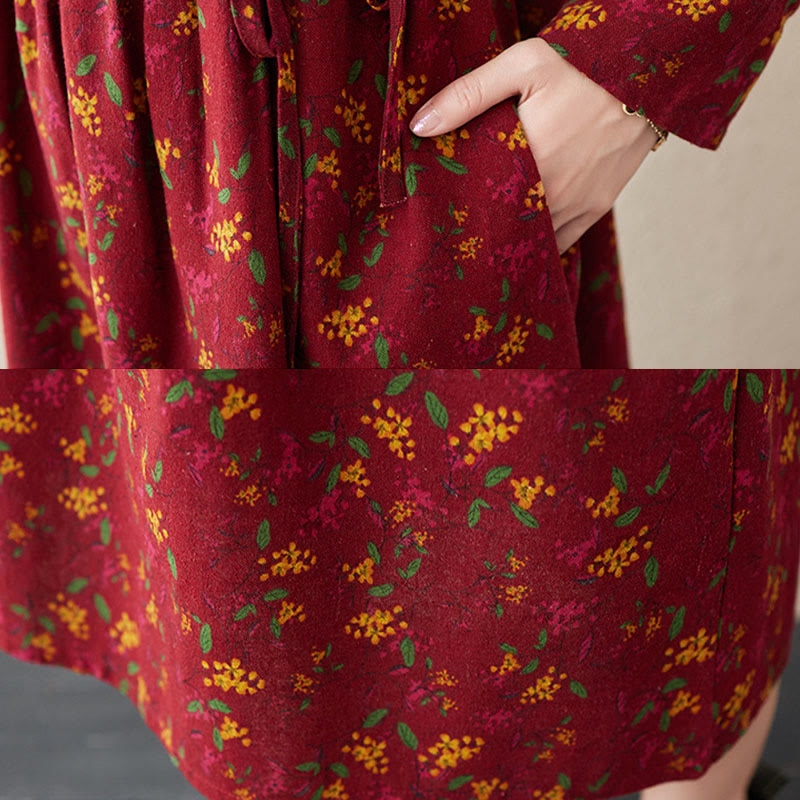 Botanical Cotton Linen Cinched Waist Meditation Midi Dress