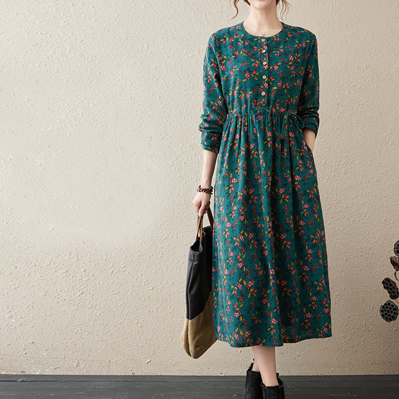 Botanical Cotton Linen Cinched Waist Meditation Midi Dress