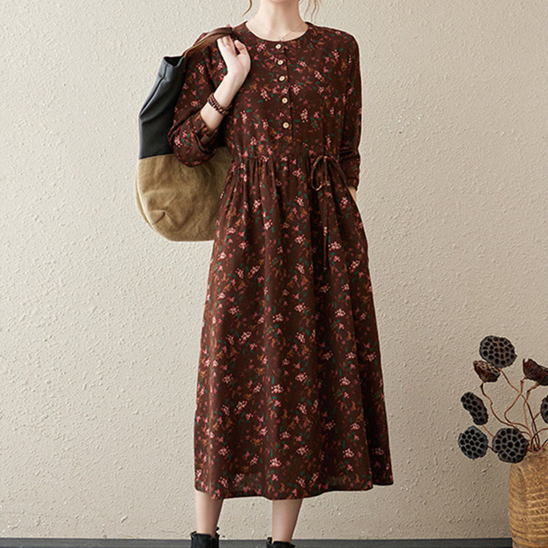 Botanical Cotton Linen Cinched Waist Meditation Midi Dress