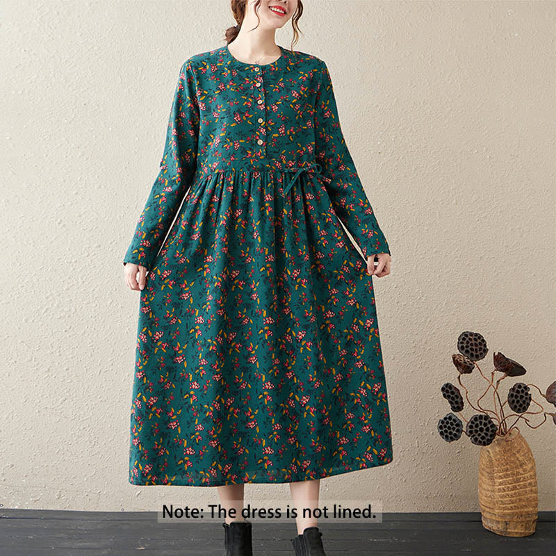 Botanical Cotton Linen Cinched Waist Meditation Midi Dress