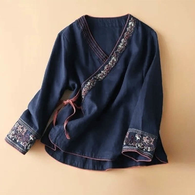Casual Embroidered Flowers Slant Collar Strap Long Sleeve Cotton Women's Shirt
