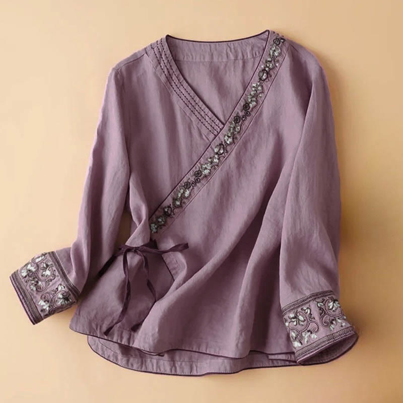 Casual Embroidered Flowers Slant Collar Strap Long Sleeve Cotton Women's Shirt