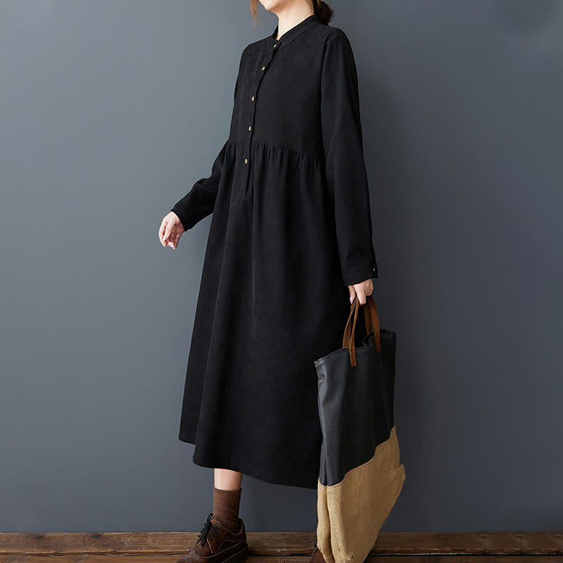 Plain Buttons Design Thermal Cotton Linen Long Sleeve Midi Dress With Pockets