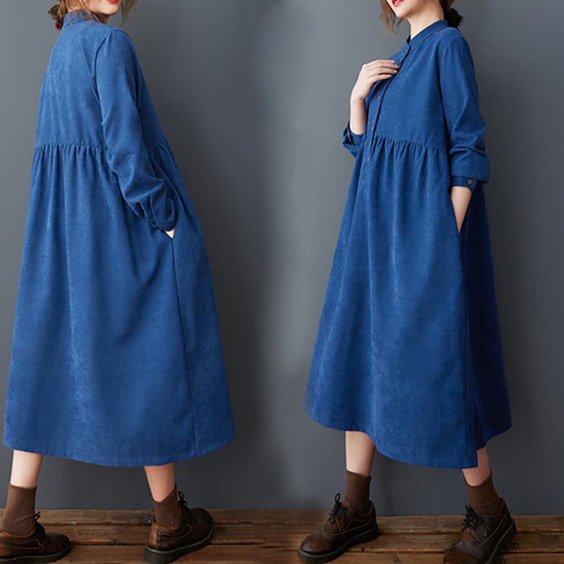 Plain Buttons Design Thermal Cotton Linen Long Sleeve Midi Dress With Pockets