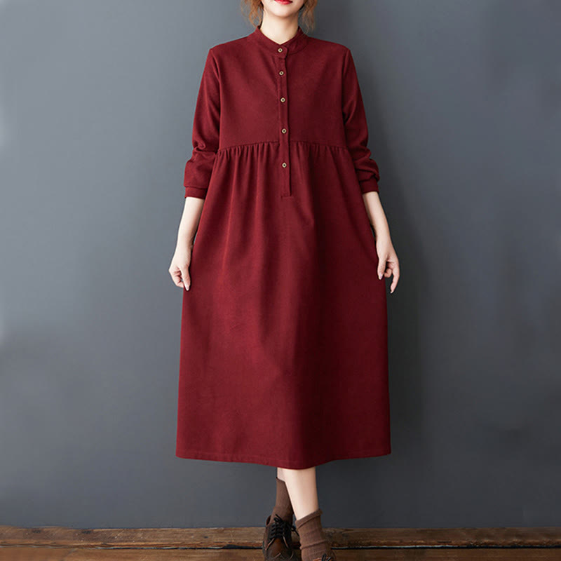 Plain Buttons Design Thermal Cotton Linen Long Sleeve Midi Dress With Pockets