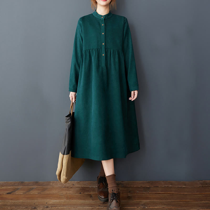 Plain Buttons Design Thermal Cotton Linen Long Sleeve Midi Dress With Pockets
