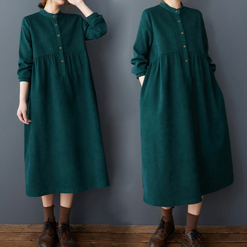 Plain Buttons Design Thermal Cotton Linen Long Sleeve Midi Dress With Pockets