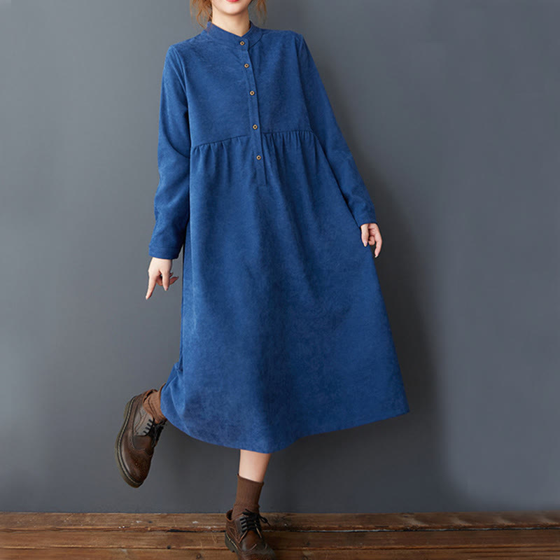 Plain Buttons Design Thermal Cotton Linen Long Sleeve Midi Dress With Pockets