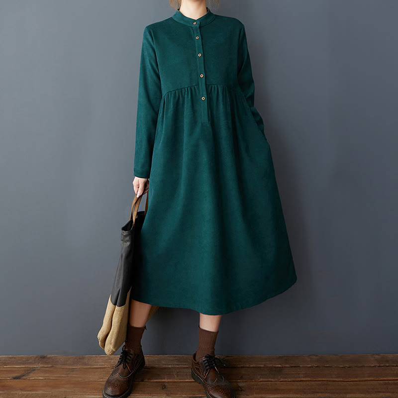 Plain Buttons Design Thermal Cotton Linen Long Sleeve Midi Dress With Pockets