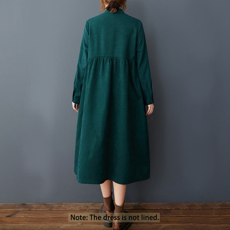 Plain Buttons Design Thermal Cotton Linen Long Sleeve Midi Dress With Pockets