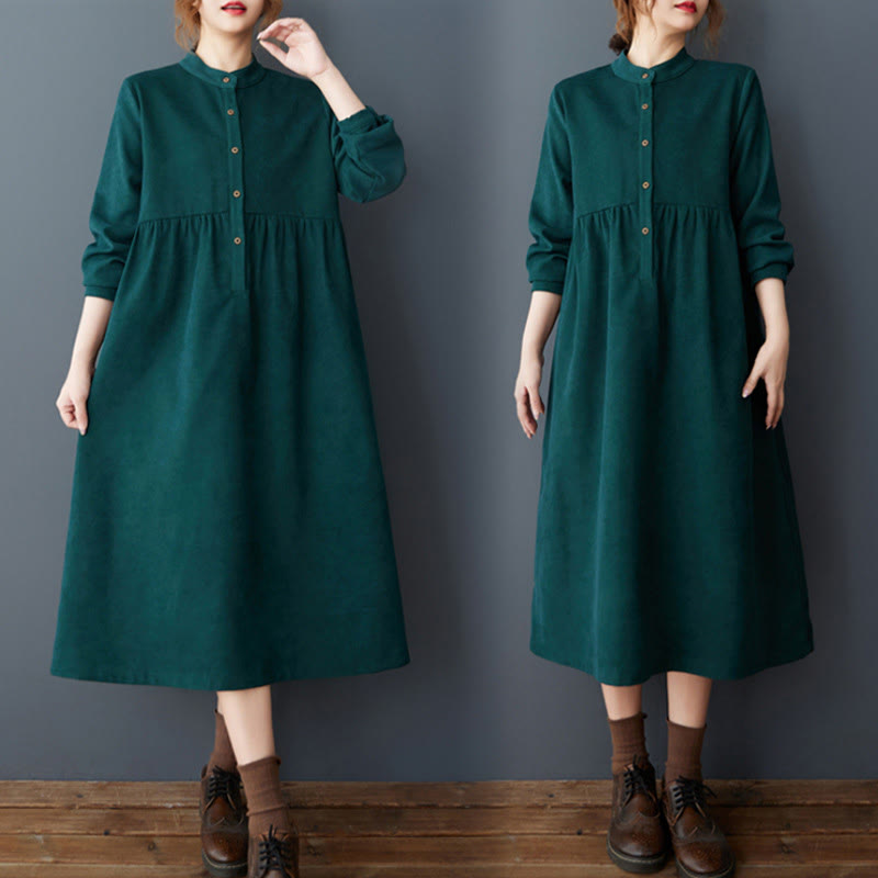 Plain Buttons Design Thermal Cotton Linen Long Sleeve Midi Dress With Pockets
