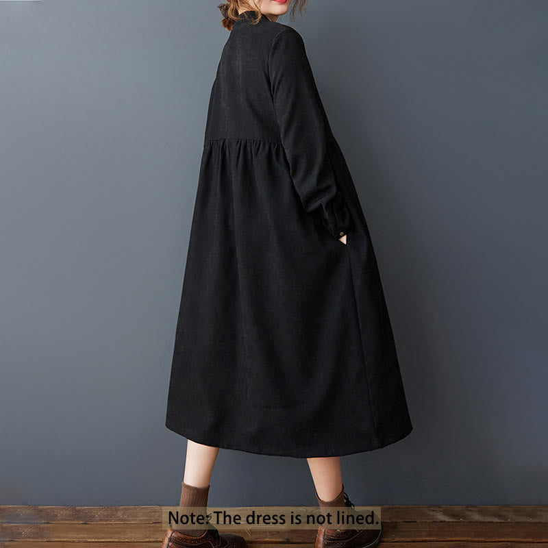 Plain Buttons Design Thermal Cotton Linen Long Sleeve Midi Dress With Pockets