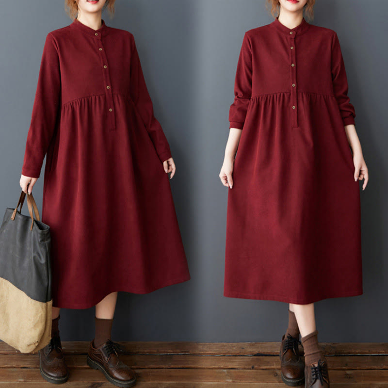 Plain Buttons Design Thermal Cotton Linen Long Sleeve Midi Dress With Pockets