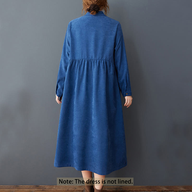 Plain Buttons Design Thermal Cotton Linen Long Sleeve Midi Dress With Pockets