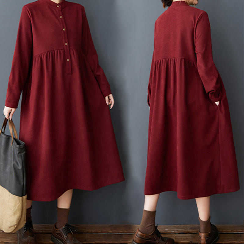 Plain Buttons Design Thermal Cotton Linen Long Sleeve Midi Dress With Pockets