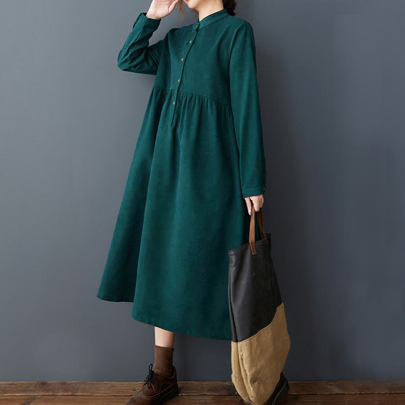 Plain Buttons Design Thermal Cotton Linen Long Sleeve Midi Dress With Pockets