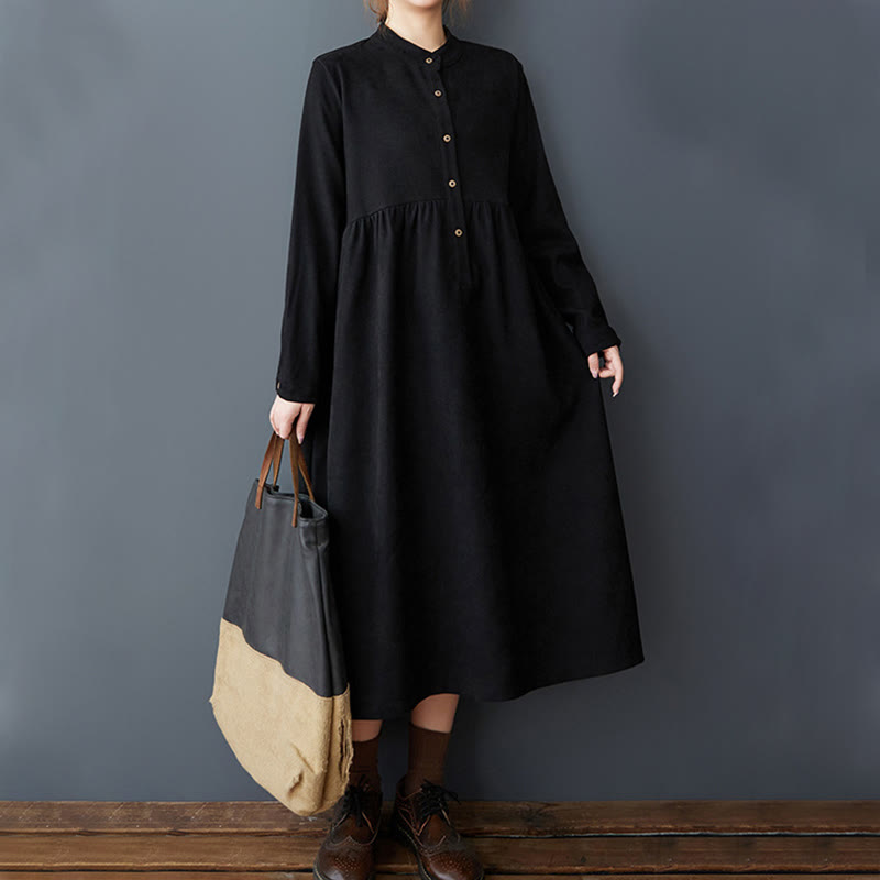 Plain Buttons Design Thermal Cotton Linen Long Sleeve Midi Dress With Pockets