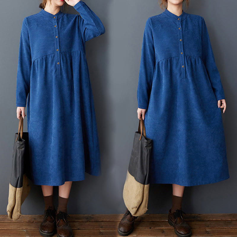 Plain Buttons Design Thermal Cotton Linen Long Sleeve Midi Dress With Pockets