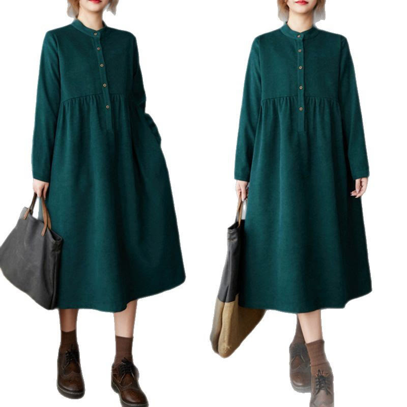 Plain Buttons Design Thermal Cotton Linen Long Sleeve Midi Dress With Pockets