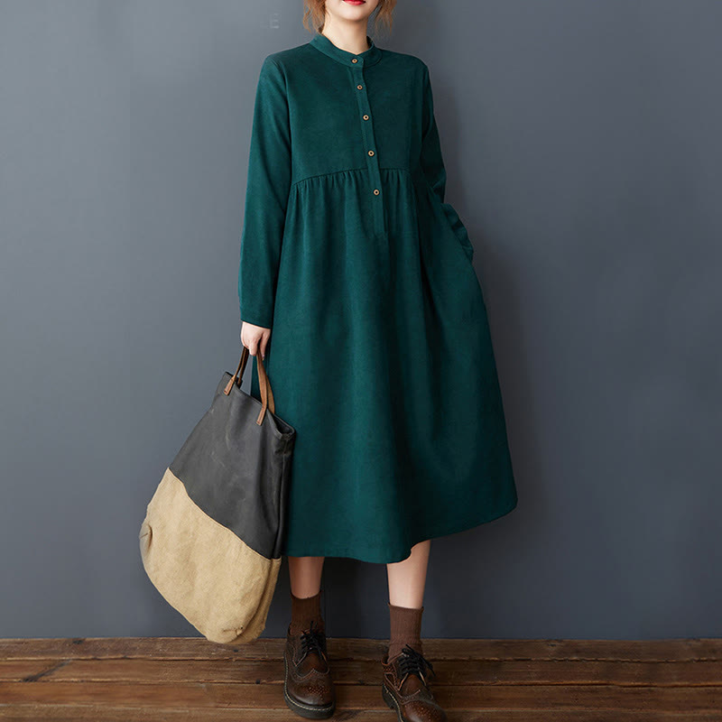 Plain Buttons Design Thermal Cotton Linen Long Sleeve Midi Dress With Pockets