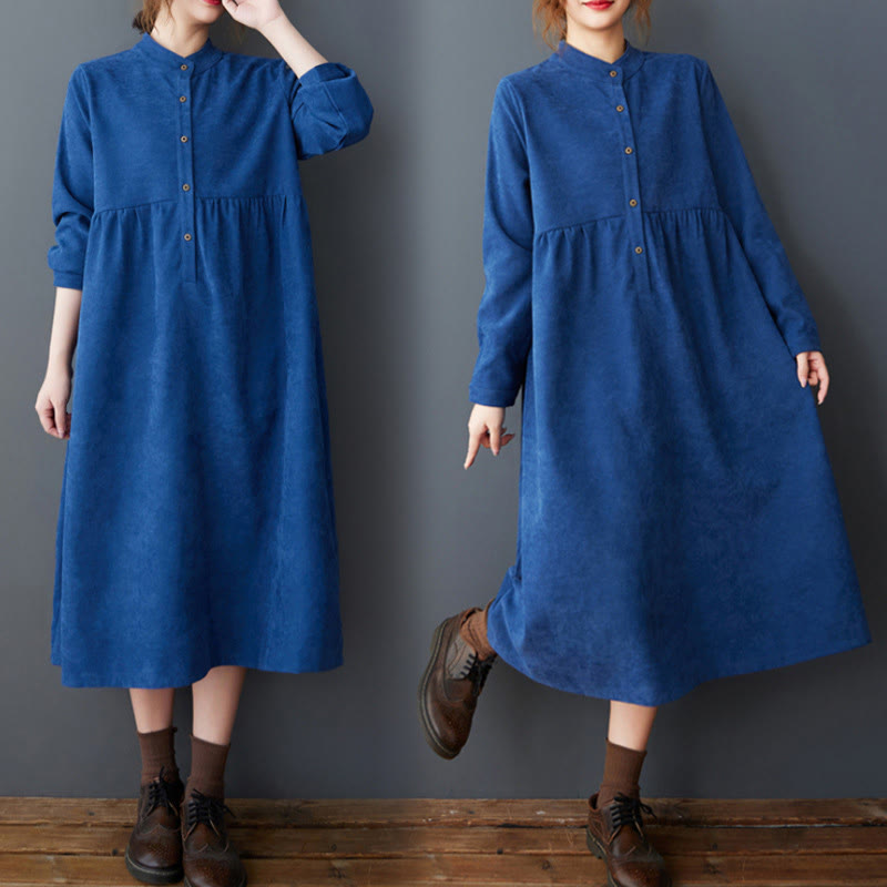 Plain Buttons Design Thermal Cotton Linen Long Sleeve Midi Dress With Pockets