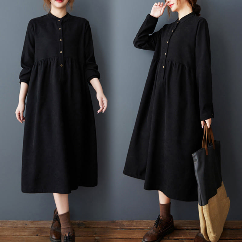Plain Buttons Design Thermal Cotton Linen Long Sleeve Midi Dress With Pockets