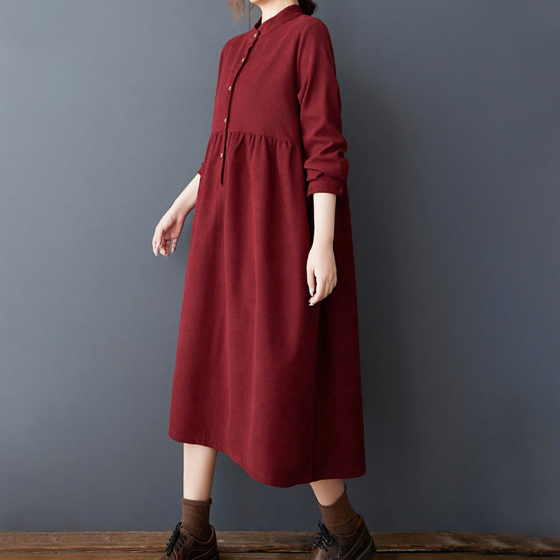 Plain Buttons Design Thermal Cotton Linen Long Sleeve Midi Dress With Pockets