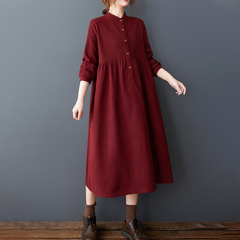 Plain Buttons Design Thermal Cotton Linen Long Sleeve Midi Dress With Pockets