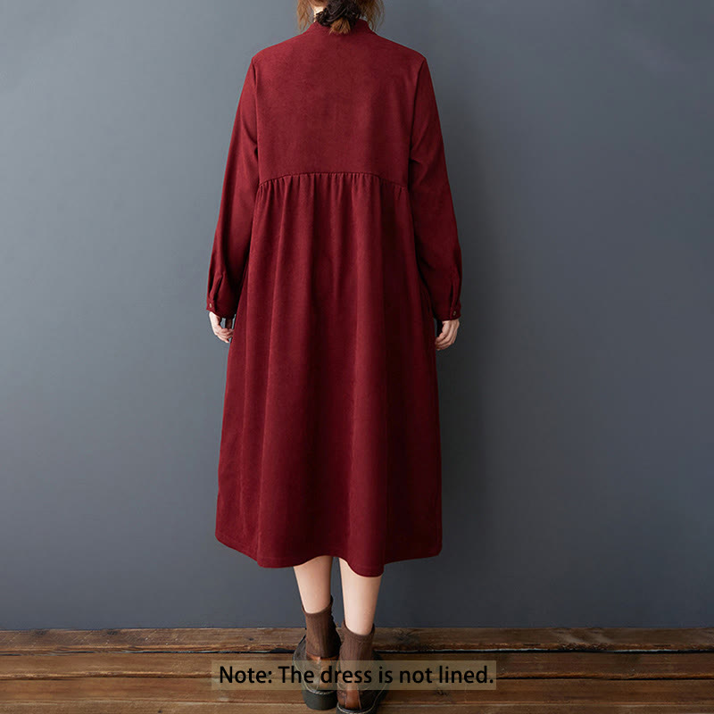 Plain Buttons Design Thermal Cotton Linen Long Sleeve Midi Dress With Pockets