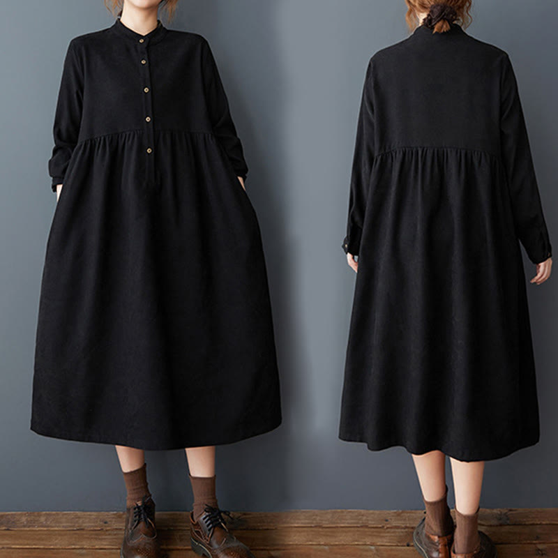 Plain Buttons Design Thermal Cotton Linen Long Sleeve Midi Dress With Pockets