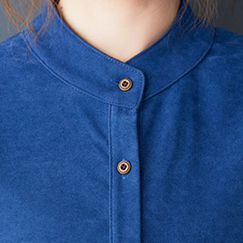 Plain Buttons Design Thermal Cotton Linen Long Sleeve Midi Dress With Pockets