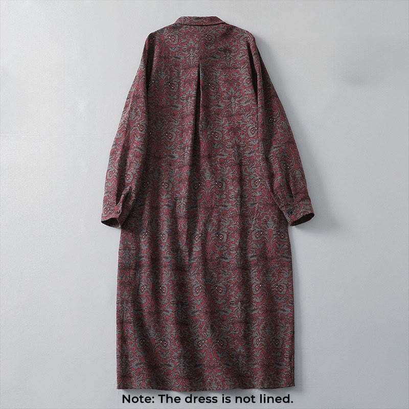 Earthy Cotton Linen Floral Lapel Grounding Midi Dress