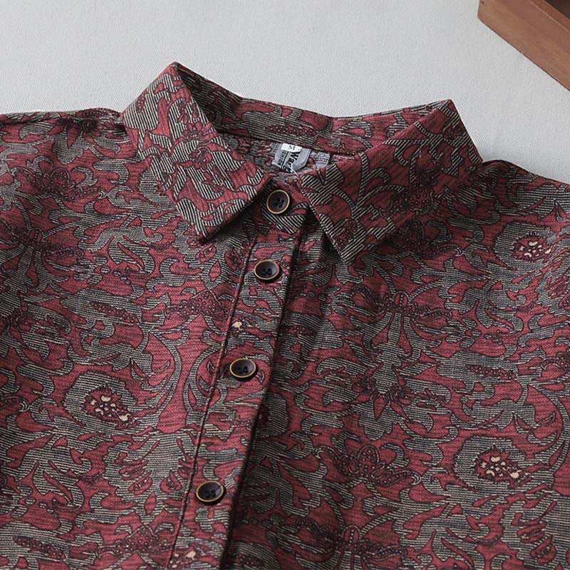 Earthy Cotton Linen Floral Lapel Grounding Midi Dress