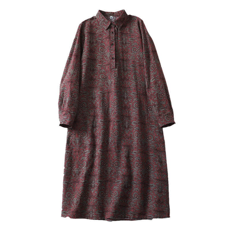 Earthy Cotton Linen Floral Lapel Grounding Midi Dress