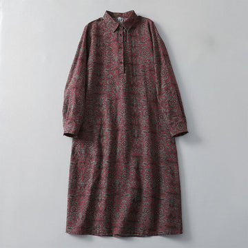 Earthy Cotton Linen Floral Lapel Grounding Midi Dress
