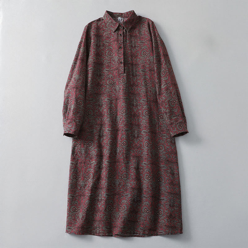 Earthy Cotton Linen Floral Lapel Grounding Midi Dress