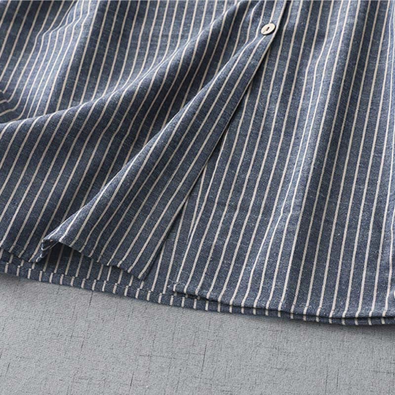 Cotton Linen Striped Long Sleeve Grounding Midi Dress