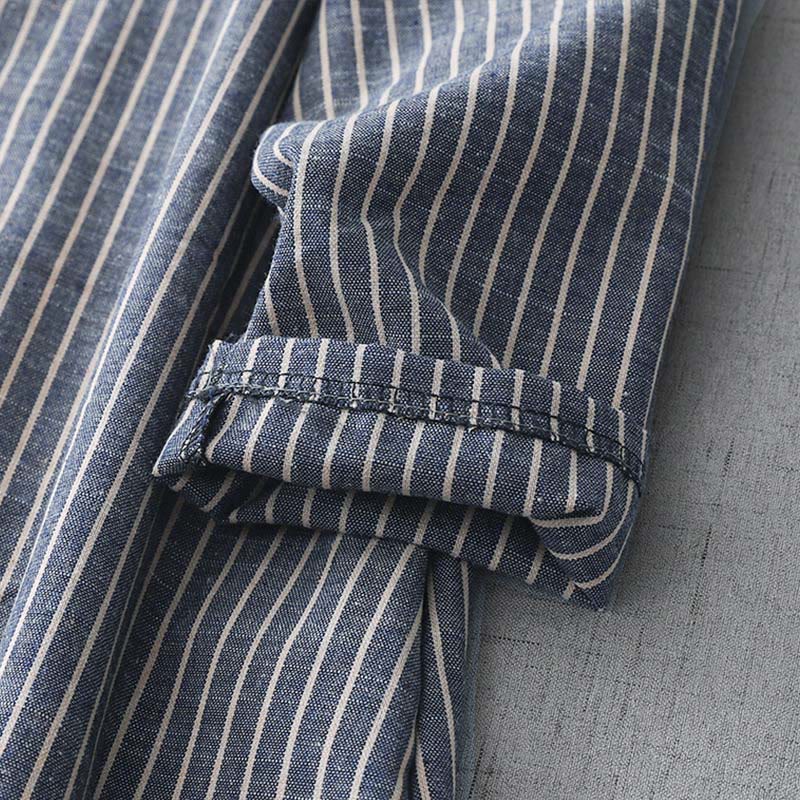Cotton Linen Striped Long Sleeve Grounding Midi Dress