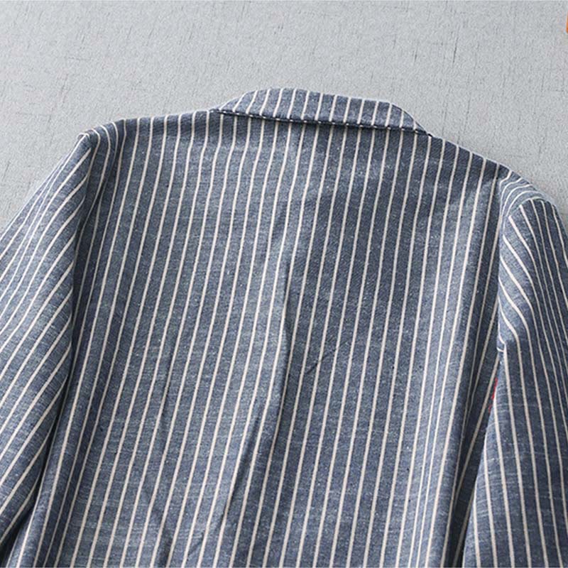 Cotton Linen Striped Long Sleeve Grounding Midi Dress
