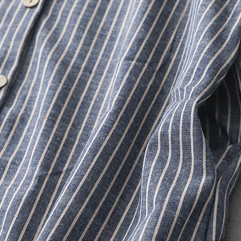Cotton Linen Striped Long Sleeve Grounding Midi Dress