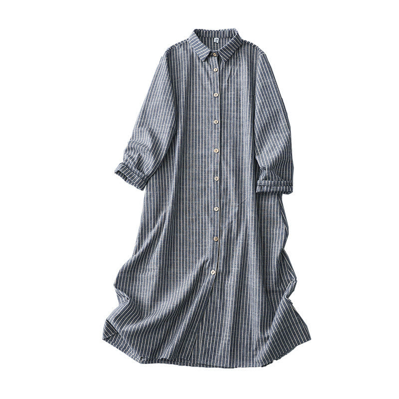 Cotton Linen Striped Long Sleeve Grounding Midi Dress