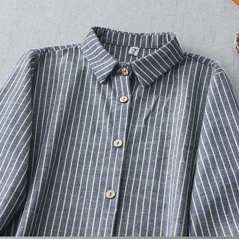Cotton Linen Striped Long Sleeve Grounding Midi Dress