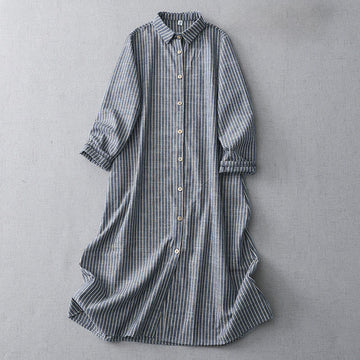 Cotton Linen Striped Long Sleeve Grounding Midi Dress
